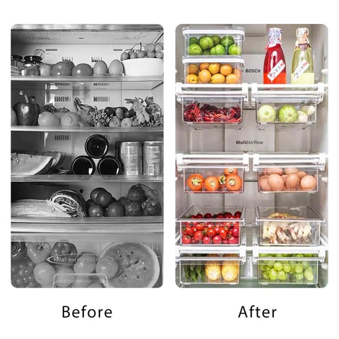 Before and after comparison of fridge with Fridge Egg Holder Drawer Organizer For Easy Egg Storage In Your Refrigerator And Mini Fridge Pull Out Tray Fits Shelves Under 0.6 Inches Keeps Eggs Fresh And Doubles As A Small Fruit And Veggie Keeper displaying organized fruit, eggs, and vegetables.