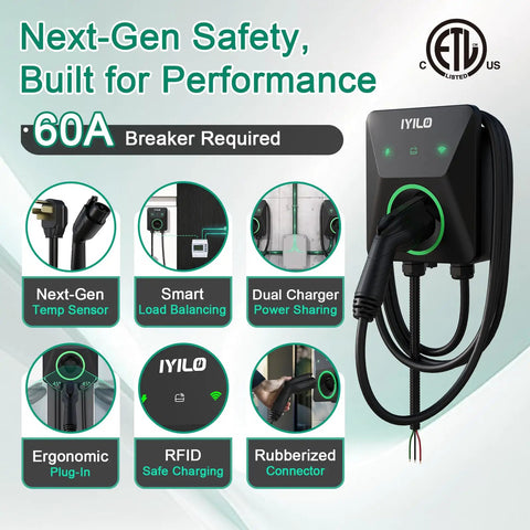 Level 2 EV Charger With Energy Meter 11.5kW 48A J1772 Wall Mount Charger features RFID, WiFi, smart app, CT clamps, 60A breaker