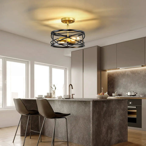 Semi Flush Mount Ceiling Light Fixtures With Two Lights, Modern Industrial Farmhouse Drum Cage Style For Sloped Ceilings in kitchen