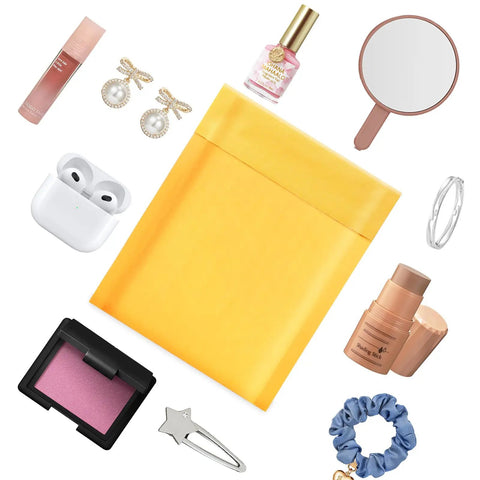 Yellow Kraft Bubble Mailers 3.5x5 Inch Inner, 3.5x6.7 Inch Outer Self Sealing Padded Envelopes with cosmetics and jewelry items