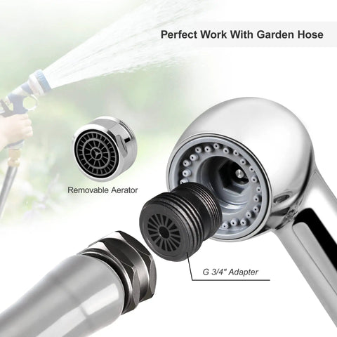 Genuine Utility Sink Faucet Featuring A Breezy Pull Out Sprayer Finished In Brushed Nickel With Swivel G 3/4" Adapter and removable aerator.