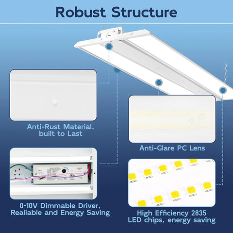 Two Pack 2Ft 150W LED Linear High Bay Shop Light structure with anti-rust material, anti-glare PC lens, dimmable driver, LED chips