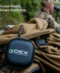 Finger Light Wearable Led Flashlight shown with carrying case attached to backpack.