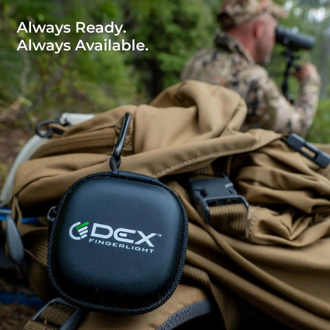 Finger Light Wearable Led Flashlight shown with carrying case attached to backpack.