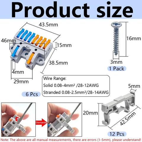 2 In 8 Out Lever Terminal Blocks Six Pack With DIN Rail Mounts And Screws, Compact Size and Wire Range Dimensions, 28-12 AWG