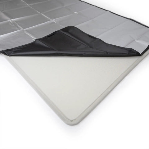 Custom Tailored Four Piece Tesla Model Y Sunroof Solar Shades In Slick Light Grey with retractable glides partially unrolled.