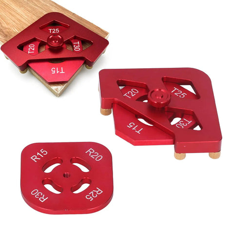 Heavy Duty Aluminum Router Template Kit Featuring Round Corner Radius Guide And Precision Woodworking Jig, red jigs on wood.
