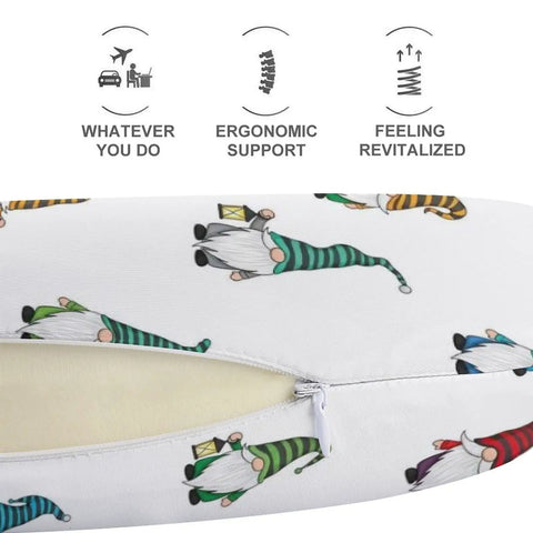 U Shaped Travel Neck Pillow For Office, Train, Or Airplane Naps with gnome pattern, ergonomic support, unzipped cover view.