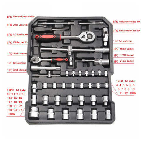 Versatile Professional Repair Tool Kit With Vanadium Steel Complete Set showing sockets, ratchets, and extensions in case