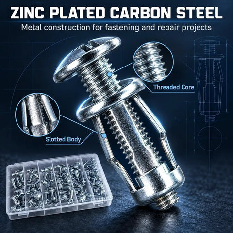 30 Piece Button Head Locking Nuts And Rivet Fastener Kit Featuring M4 M5 M6 M8 Sizes With Drop Dead Secure Petal Expansion Design showing zinc plated carbon steel fasteners.
