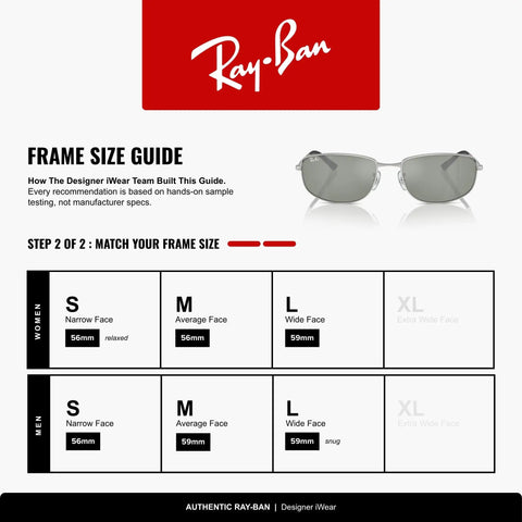 RB3732 00340 56mm Silver Green And Silver Rectangle Sunglasses size guide showing fit options for men and women