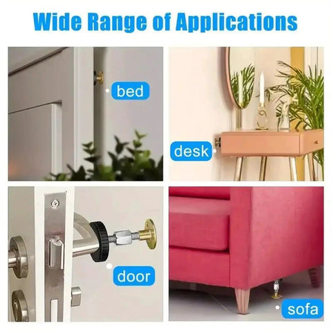 Adjustable Furniture Feet 12 Pack Self Adhesive Metal Leg Pads With Telescoping Posts Stabilizers in use on bed, desk, door, sofa