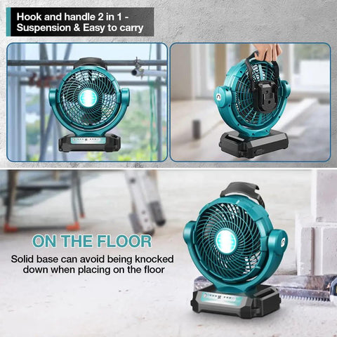 18V Cordless Oscillating Fan With Brushless Motor Compatible With Makita 18V Battery 3 Speed Low Noise Under 30dB, hook handle view