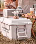 Heavy Duty Rolling Bin With Secure Lid And Easy Roll Casters, stackable outdoor camp organizer in use at a campsite.