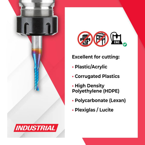 Spektra Coated Solid Carbide CNC Spiral O-Flute Router Bit with cutting materials list for plastics and acrylics