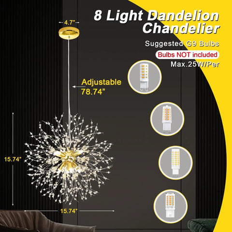 Gold Crystal Sputnik Chandelier Pendant Light 8 Light Firework Dandelion Design shown with bulb specs and adjustable cable length.