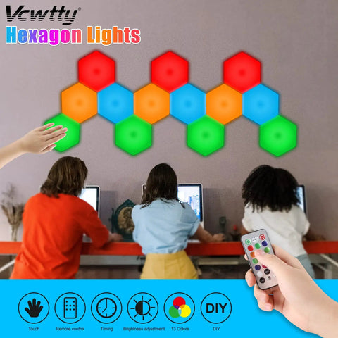 Hexagon LED Wall Panels 10 Pack With Remote And Touch Control RGB 13 Color Lights DIY Modular Hex Panels USB Powered in game room