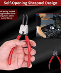 Close-up of 7 Inch Snap Ring Pliers with 90 Degree Bent Tips for internal circlip installations, featuring a durable red handle