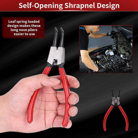 Close-up of 7 Inch Snap Ring Pliers with 90 Degree Bent Tips for internal circlip installations, featuring a durable red handle