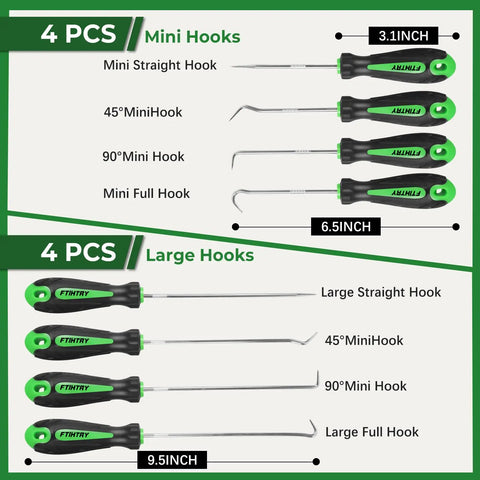 8 Piece Pick And Hook Set For Cars And Auto Repair Precision Mini Hooks And Puller Remover Kit For Oil Seals O Rings And Gaskets Heavy Duty CR-V Steel And Chrome Vanadium Shafts Ergonomic Green Handles 4 mini and 4 large hooks, 3.1 to 9.5 inch
