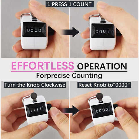 Set Of Two Mechanical Handheld Tally Counters With Lanyard Four Digit Battery Free Clicker For Inventory Tracking No Sweat Easy Grip Lightweight Body demonstrating effortless operation for precise counting.