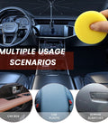 Interior Car Scratch Repair Wax for Dashboard and Plastic Trim, showing usage on center console and door trim.