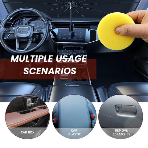 Interior Car Scratch Repair Wax for Dashboard and Plastic Trim, showing usage on center console and door trim.