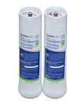 Two white activated carbon cartridges for water filtration pre and post filter kit, enhancing home water quality, side by side.