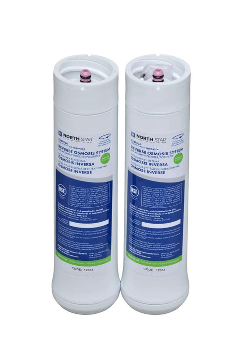 Two white activated carbon cartridges for water filtration pre and post filter kit, enhancing home water quality, side by side.