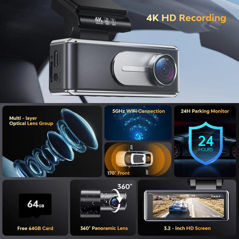 Front And Rear 4K Dash Cam For Cars With Dual Recording, Built-In 5G WiFi GPS, 64GB Card Included, 3.2 Inch IPS Screen, UHD Night Vision