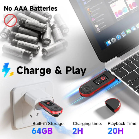64GB USB MP3 Player With Bluetooth 5.3 Clip For Running And Sports Physical Buttons charging from laptop and wall socket.