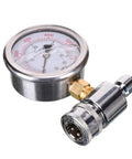 RIDGE WASHER pressure gauge with 3/8-inch quick-connect socket and brass connector, chrome body