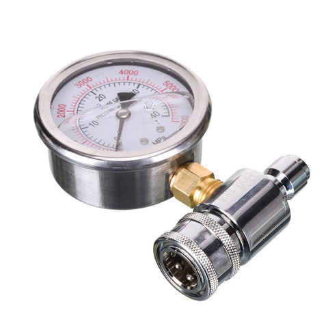 RIDGE WASHER pressure gauge with 3/8-inch quick-connect socket and brass connector, chrome body
