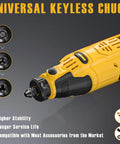 Cordless Rotary Tool Kit With 6 Speed Settings Up To 35,000 RPM, pro grade battery, universal keyless chuck details shown