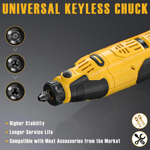 Cordless Rotary Tool Kit With 6 Speed Settings Up To 35,000 RPM, pro grade battery, universal keyless chuck details shown