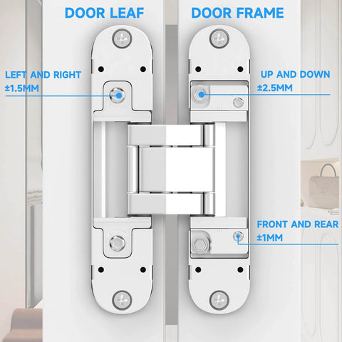 Close-up of Hidden Door Hinges 5.5 Inch Open 180 Degrees, 3 Way Adjustable Invisible Butt Hinge on white door frame