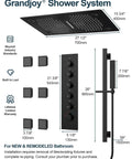27 Point 5 Inch Ceiling Mount Shower System With Thermostatic Control And 64 Color Led Lighting Featuring Waterfall Rainfall Rotating Jets And Handheld Sprayer In Matte Black dimensions and features