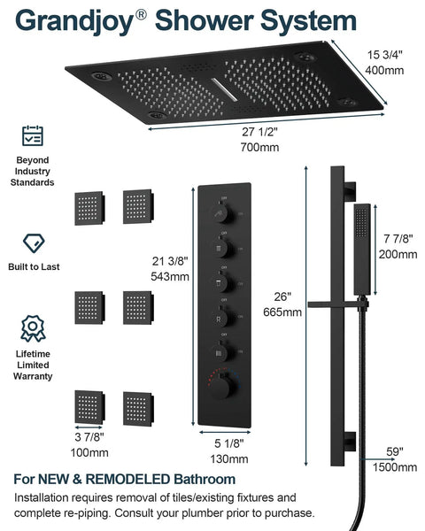 27 Point 5 Inch Ceiling Mount Shower System With Thermostatic Control And 64 Color Led Lighting Featuring Waterfall Rainfall Rotating Jets And Handheld Sprayer In Matte Black dimensions and features