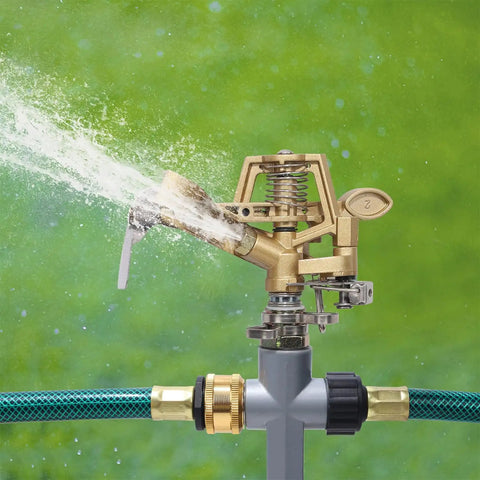 Impact Sprinkler Head On Metal Step Spike Heavy Duty Zinc Alloy Lawn Sprinkler spraying water with adjustable nozzle