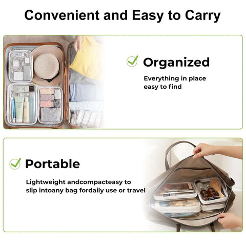 Ridiculously Tough Clear Hard Shell Zipper Cases Including Three Diaper Bag Organizer Pouches in a suitcase and a bag.