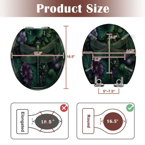 Round Intricate Dragonfly Green Foliage Purple Flowers Toilet Seat with size dimensions showing round shape and measurements.