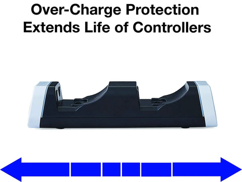Dual PS5 Controller Charging Station With Rapid Safe Power Indicators Slick Space Saving Build, showing over-charge protection design.