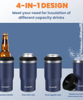 Hella Tough Navy Blue Four In One Insulated Stainless Steel Drink Koozie showing 12 oz beer bottle, slim can, regular can, and tumbler option.