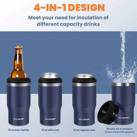 Hella Tough Navy Blue Four In One Insulated Stainless Steel Drink Koozie showing 12 oz beer bottle, slim can, regular can, and tumbler option.