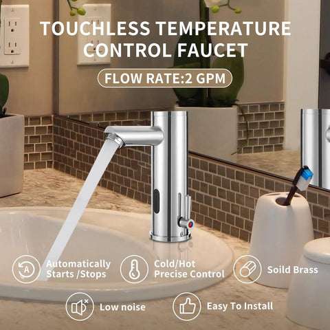 Automatic No Touch Bathroom Sink Faucet With Motion Sensor And Infrared Technology, hands free chrome brass faucet in a bathroom. 