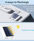 Pocket Sized Solar Power Bank 12000mAh With Built In Cables And Dual USB Outputs USB C Input Output Lanyard Carry Ultra Portable Solar Charger For iPhone Android Tablets Samsung Charges Up To Five Devices At Once showing four recharging options with solar panel and USB connections