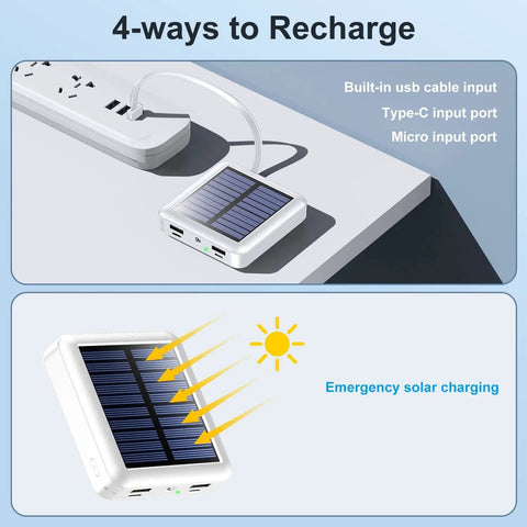 Pocket Sized Solar Power Bank 12000mAh With Built In Cables And Dual USB Outputs USB C Input Output Lanyard Carry Ultra Portable Solar Charger For iPhone Android Tablets Samsung Charges Up To Five Devices At Once showing four recharging options with solar panel and USB connections