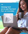 Woman using UK Travel Plug Adapter 2 In 1 Type G For Ireland And Dubai US To UK Travel Plug Dual USA Inputs CE RoHS Certified