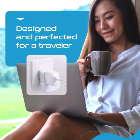 Woman using UK Travel Plug Adapter 2 In 1 Type G For Ireland And Dubai US To UK Travel Plug Dual USA Inputs CE RoHS Certified