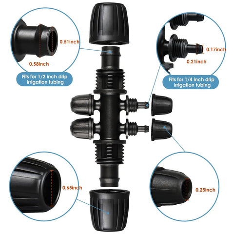 Barbed Tee One Half Inch To One Quarter Inch Drip Irrigation Fittings Kit, Ten Piece Set, close-up showing connector sizes